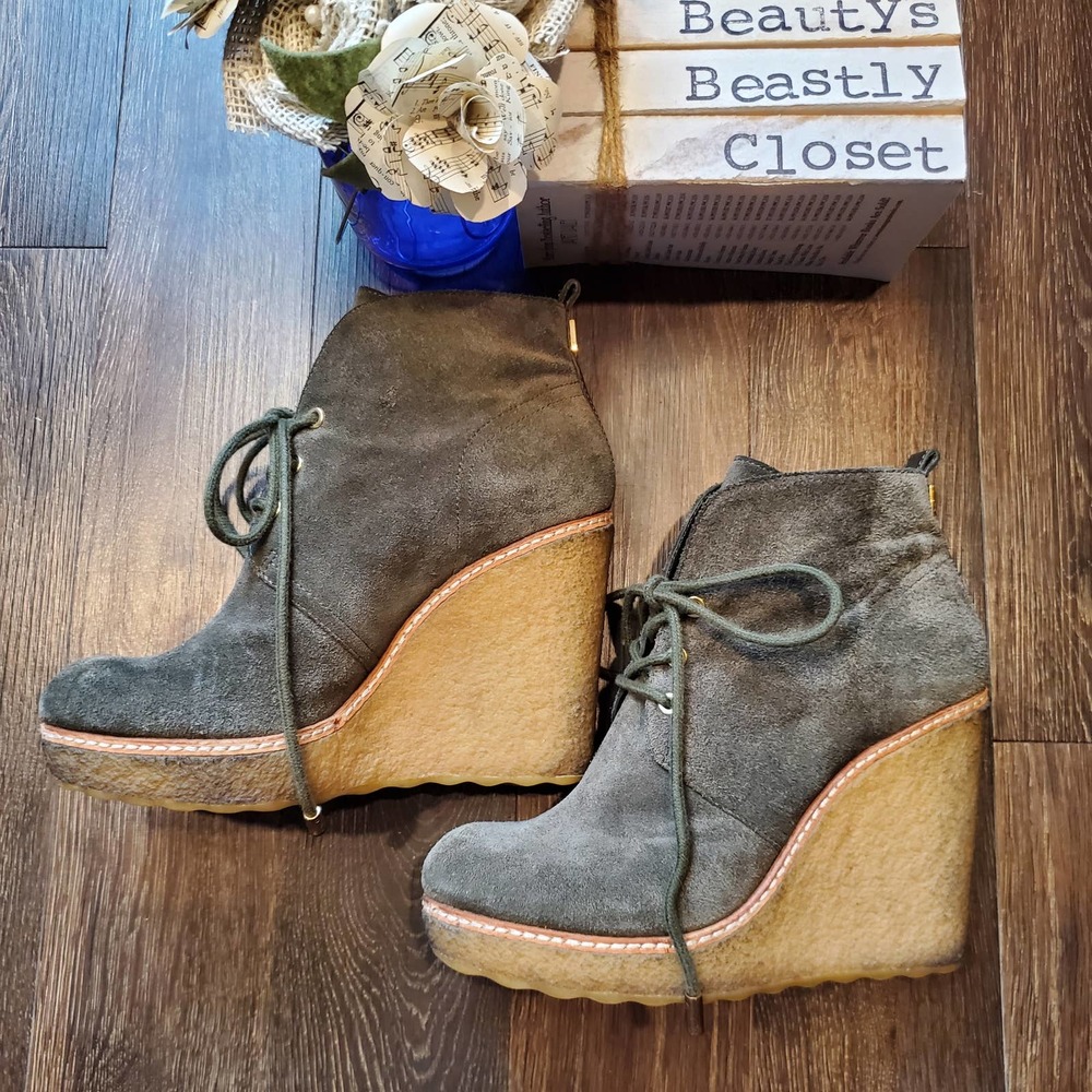 Tory Burch Women Olive Denise Sueded Leather Lace Up Wedge Booties Heels 8